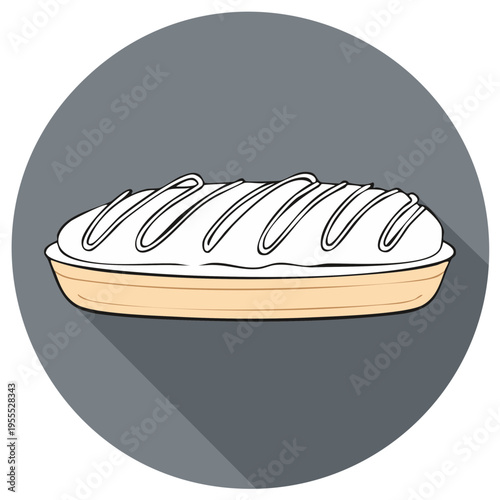 Illustration of a sweet eclair pastry with white icing in a flat design icon style with a long shadow