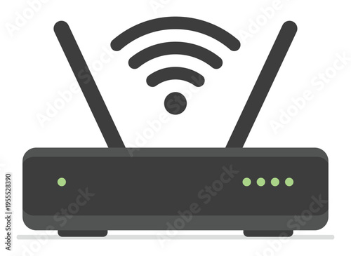 wifi modem illustration, dark flat router with dual antennas and wireless signal icon, internet network equipment for office business setup dashboard ui and connectivity concept, vector illustration