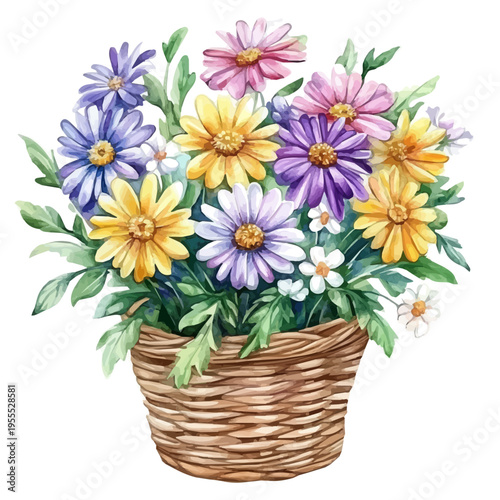Jacobas Ladder Bouquet In A Basket A, watercolor painting with colorful accents, isolated on a white background.