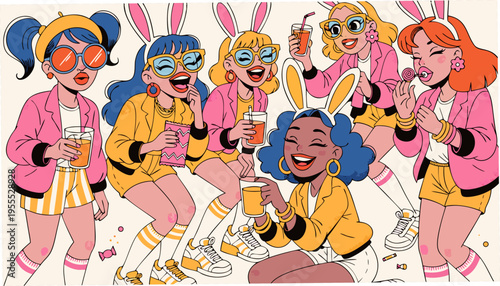 Trendy Easter Party Illustration with Diverse Friends Wearing Bunny Ears, Modern Pop Art Vector for Spring Event Marketing, Youth Lifestyle, and Social Media Branding