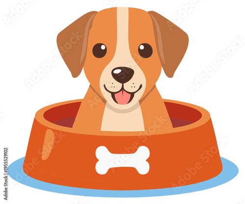 Cute cartoon puppy dog sitting inside a large orange food bowl with a bone symbol