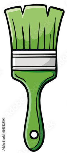 Isolated green painting brush with bristles and handle for art, craft, and renovation tool design, illustration