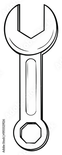 Simple line drawing of a combination wrench tool with open and box ends