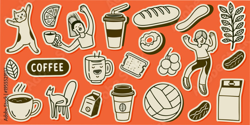 A collection of hand drawn stickers featuring food drinks and active lifestyles
