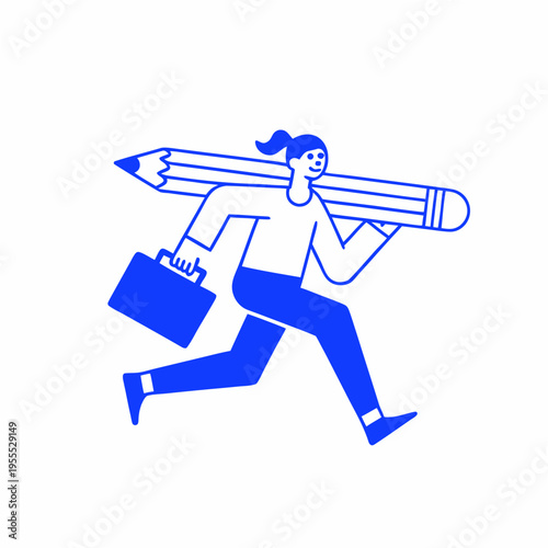 A woman energetically carries a large pencil while rushing forward