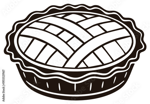 Black and white illustration of a classic apple pie with a lattice crust.