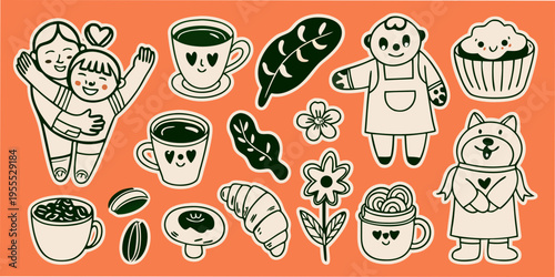 Charming illustration of coffee pastries and affectionate characters on orange