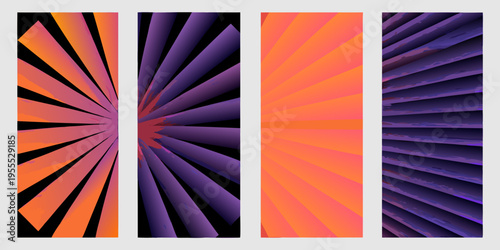 Abstract geometric patterns featuring radiating lines in vibrant colors