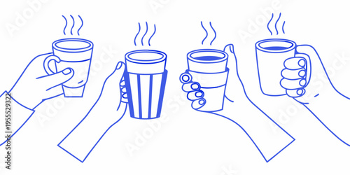 Four hands clink steaming mugs in a cheerful minimalist illustration