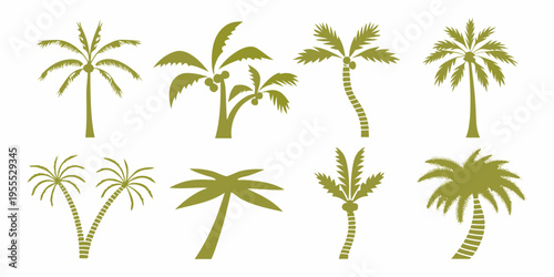 A collection of various green palm tree silhouettes against a white background