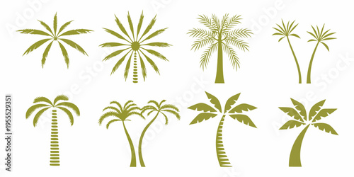 A collection of various green palm tree silhouettes against a white background