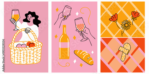 A collage depicting a picnic with drinks flowers and food items