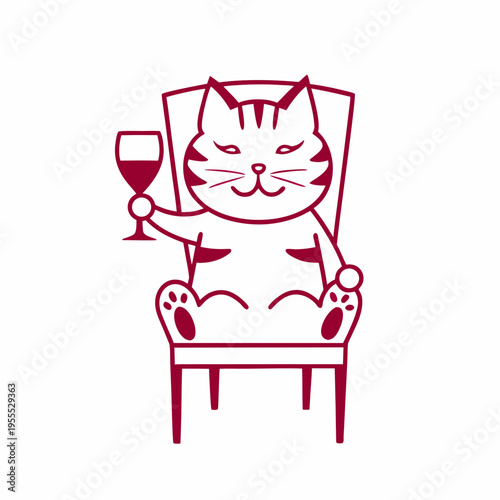 A whimsical illustration of a cat relaxing with a glass of wine