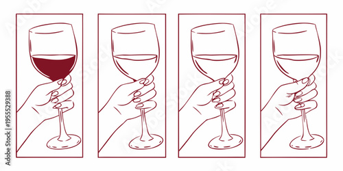 Four wine glasses held by hands showing decreasing levels of liquid