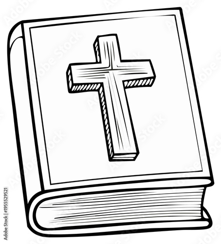 Bible book illustration with cross symbol. Religious book outline in black and white.
