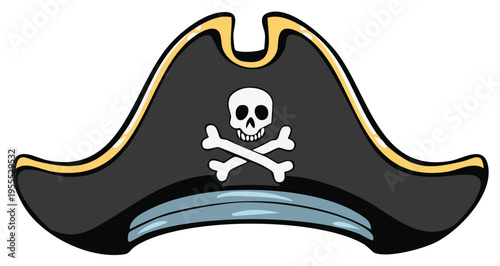 Black pirate hat with skull and crossbones, a symbol of adventure, treasure, and maritime history.