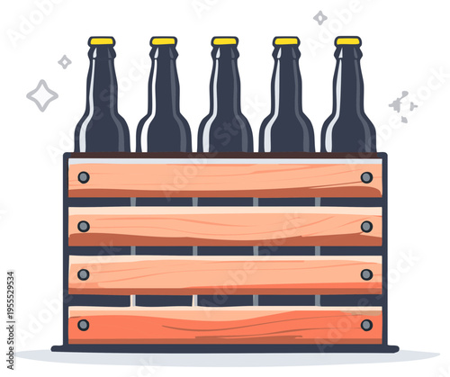 Five Dark Glass Bottles of Beer Lying in a Wooden Crate with Sparkles