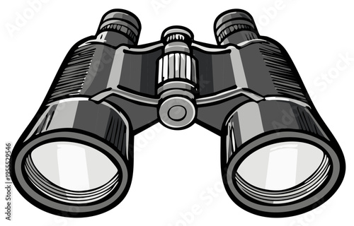 Illustrated Binoculars Displaying Detail View for Surveillance or Exploration on White Background