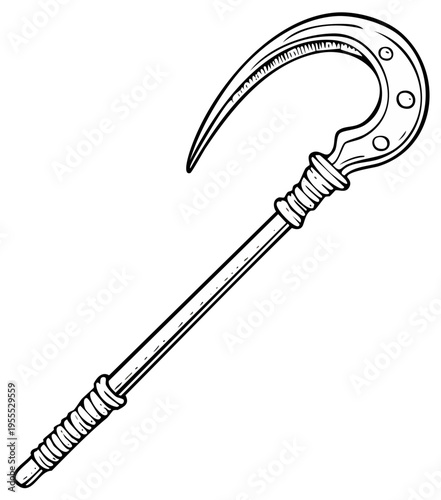 Detailed sketch of ancient Egyptian crook depicting power authority and agricultural symbolism in black and white line art