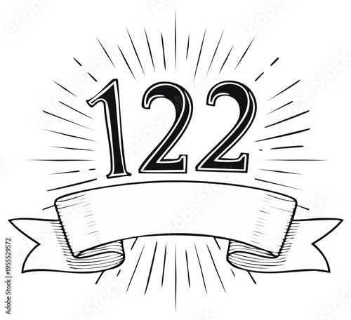 Vintage Style Number 122 with Ribbon and Rays Decoration