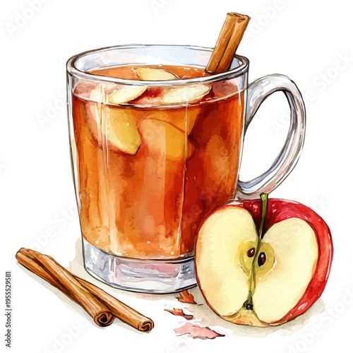 Hot Apple Cider, watercolor clipart showing delicate textures and whimsical forms, isolated on a white background.