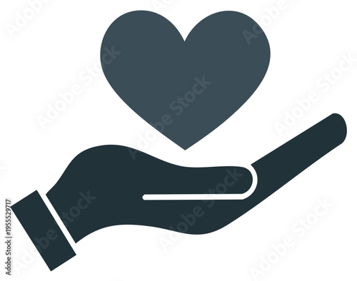 Stylized hand offering a heart, symbolizing love, care, giving, compassion, and charity.