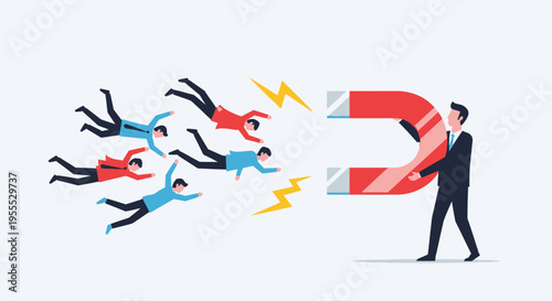 Businessman Using Giant Horseshoe Magnet to Attract Leads and Customers - Concept of Business Attraction, Marketing Strategy, and Talent Acquisition