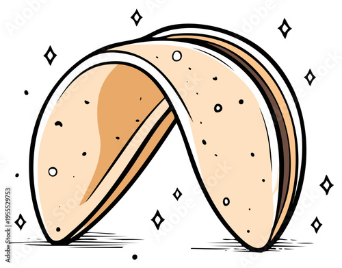 Stylized fortune cookie with glittering elements, luck and future theme, cookie drawing for designs, cartoon vector image