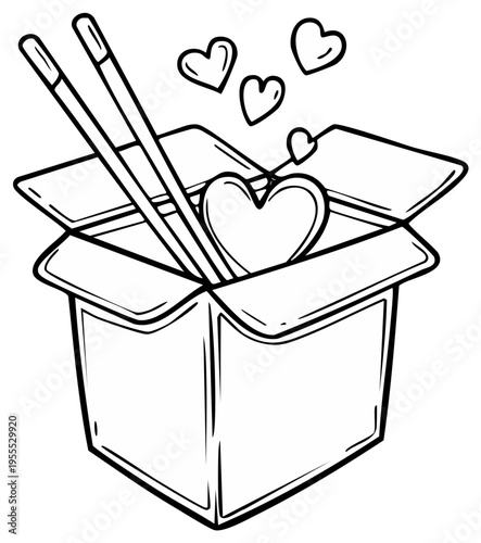 Drawn takeout food box with heart and chopsticks, love food concept