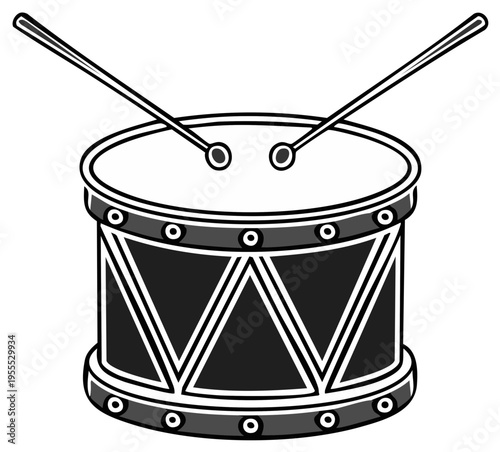 Illustrative Musical Instrument: A Stylish Drum with Crossed Sticks for Rhythm, Noise and Sound, Symbolizing Music, Percussion, and Artistic Expression
