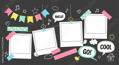 Creative Scrapbook Template with Blank Instant Photo Frames, Colorful Bunting Flags, Washi Tape, and Hand-Drawn Doodles on Dark Background for Memory Board or Social Media