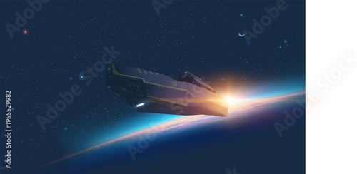 Sci-fi vector illustration of a futuristic spaceship leaving a planet atmosphere and entering deep space at sunrise.