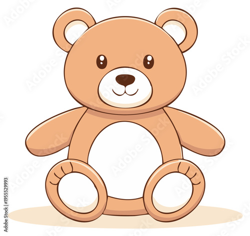 Cartoon teddy bear sitting upright with a charming face, soft fur and gentle smile, radiating childhood joy and cozy comfort