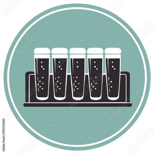 Vector icon of a craft beer tasting flight with five glasses of dark ale or stout