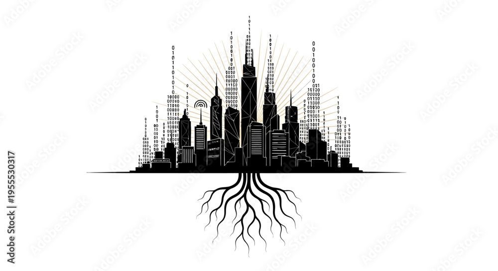 Obraz premium Smart City Digital Infrastructure Concept with Urban Skyline, Binary Code Data Streams and Tree Roots Growth Illustration for Sustainable Technology and Future Connectivity