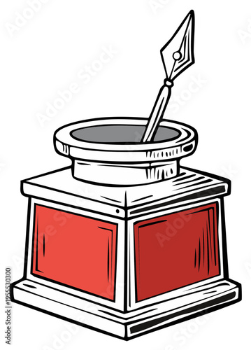 Antique inkwell with quill pen, red ink, vintage writing instrument, isolated on white