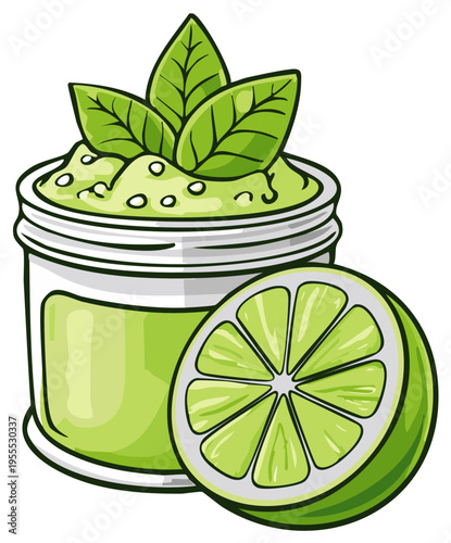 Green cream in a jar with fresh lime and mint leaves for healthy food or cosmetic use