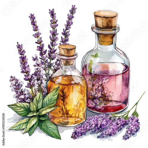 Herbal Infusions, watercolor painting with colorful accents, isolated on a white background.