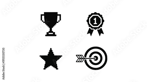 Graphic illustration of achievement symbols including a trophy, number one ribbon, star, and bullseye with an arrow, on a white background.