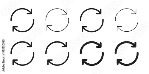 Set of black circular rotation arrow icons with varying line weights and thickness for interface design layout