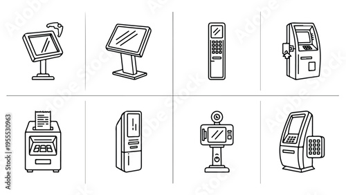 Flat lay of various automated machines and devices including ATMs and kiosks in a line drawing style against a clean white background.