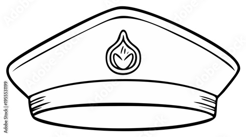 Firefighter or Officer Peaked Uniform Cap with Flame Insignia Line Art Illustration