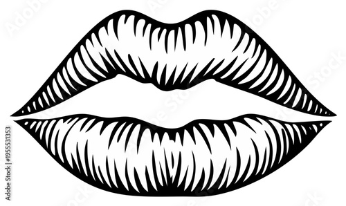 Artistic black and white illustration of full lips with vertical lines creating a textured effect and a subtle smile