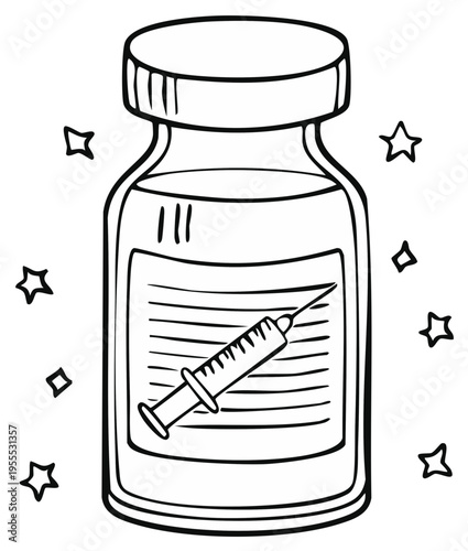 Illustration of a vaccine vial with a syringe, drawing style