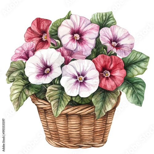 Gloxinia Bouquet In A Basket A, watercolor illustration featuring soft shadows and luminous, isolated on a white background.