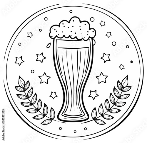 Beer glass with foam, laurel wreath, and stars in round frame, line art illustration