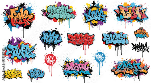Graffiti Street Art Tags Set with Colorful Spray Paint Lettering Urban Hip Hop Style Typography for Wall Design Murals Stickers and Creative Backgrounds