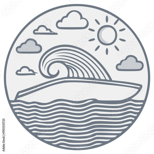 Ocean Wave with Sun and Clouds above Speedboat in Round Frame Minimalist Nautical Design