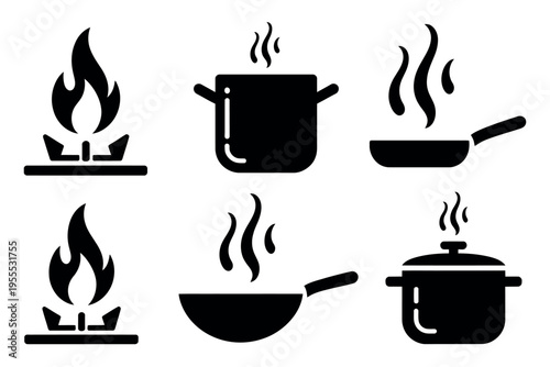 Six black icons of cooking pots and pans on gas stoves with steam, representing cooking, kitchen, food preparation, stove use, and cookware vector illustration
