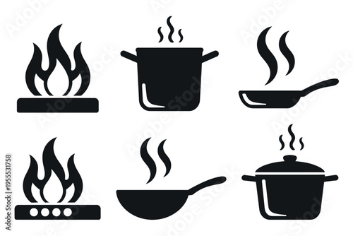 Six black icons of cooking pots and pans on gas stoves with steam, representing cooking, kitchen, food preparation, stove use, and cookware vector illustration